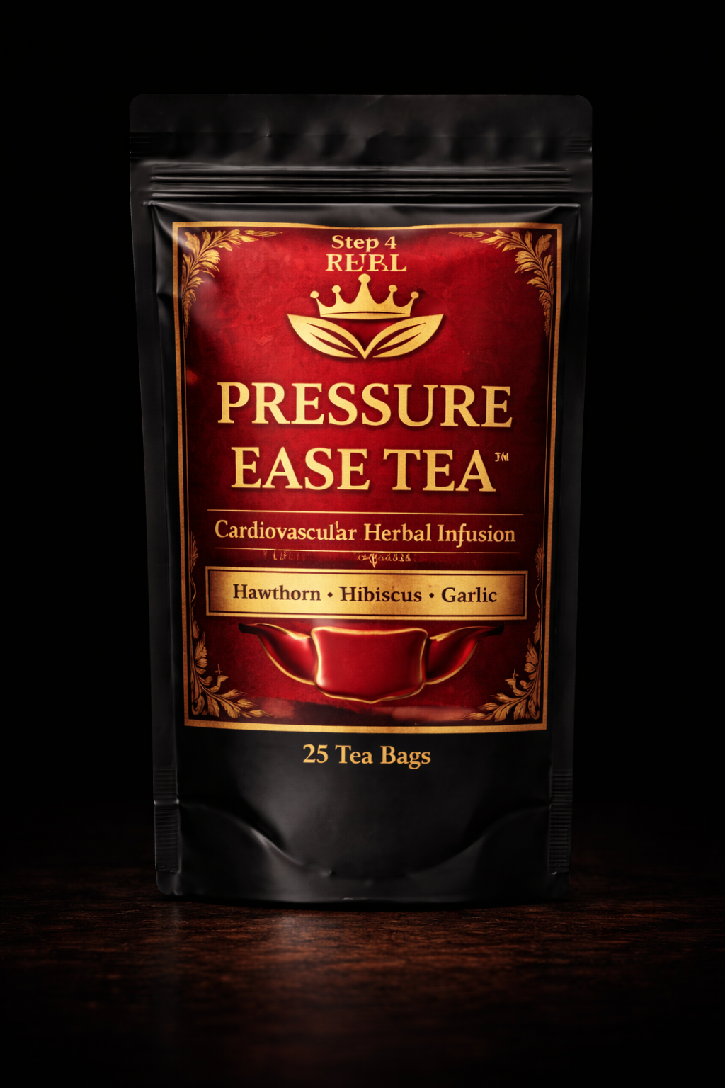 Pressure Ease Tea package with red and black design on a dark background